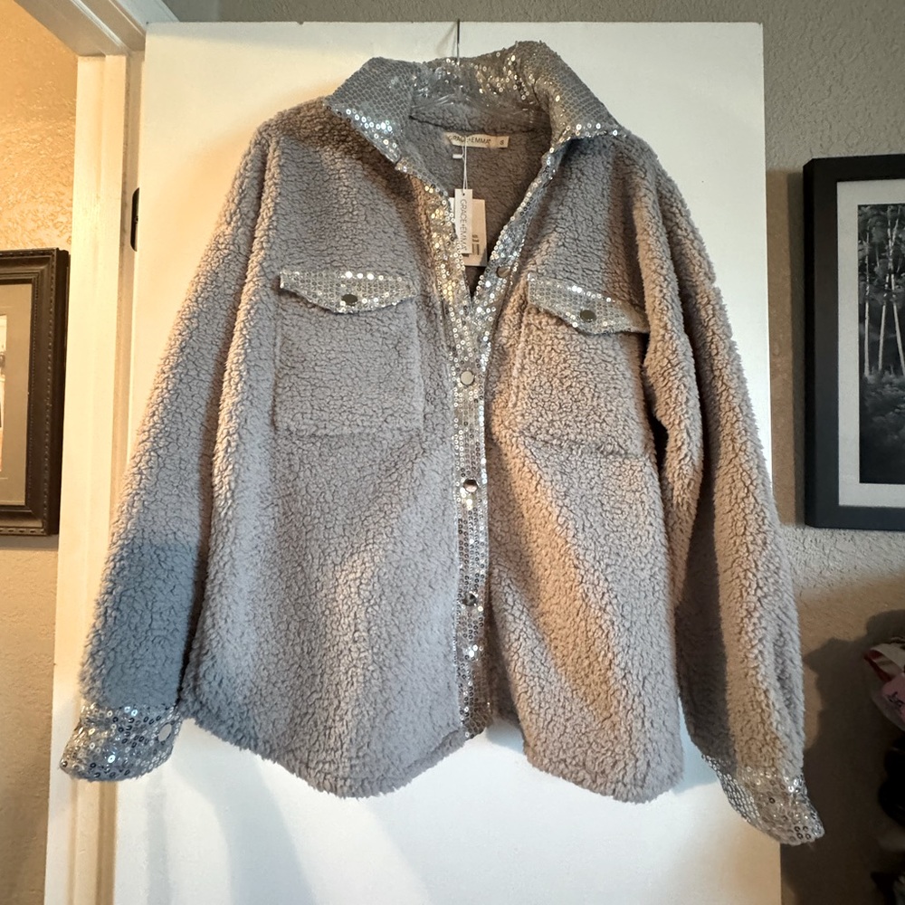 NWT Grace+Emma Gray Sequin-Trimmed Women's Jacket